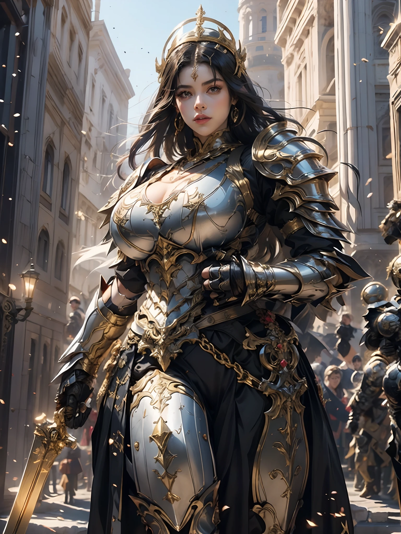 a beautiful golden-greek-armored warrioress, jet-black hair, muscular, huge and heavy breasts, looking at viewer, masterpiece, best quality, 8k, blurred background, medieval fantasy castle in the background