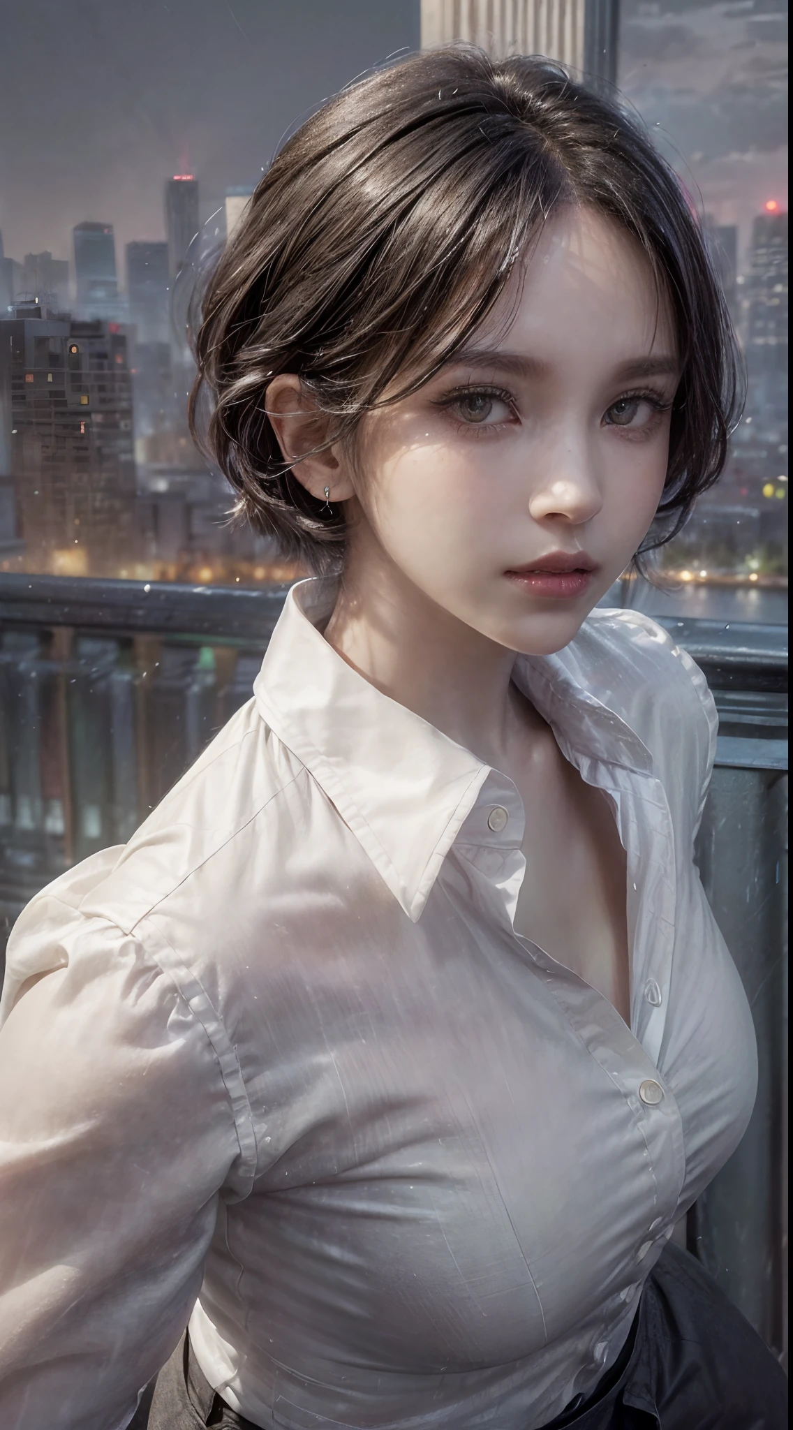 (((White collared shirt))), (((modern black trouse pants))), ((ideal body)), ((hazel eyes)), ((black hair)), ((medium short hair)), ((bright skin)), (((ultra-detailed))), ((illustration)), ((beautiful detailed eyes)), beautiful, amazing, detailed eyes, expressive eyes, solo, 1girl, 1 person, (((masterpiece))), (((realistic:1))), (((best quality))), (((first person view))), ((mafia pose)), ((professional studio lightning)), ((staring to viewer)), (smirk), (((close up portrait))), ((city skyline in the night background)).