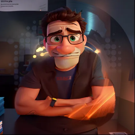 Poster no estilo Disney pixar, alta qualidade, melhor qualidade, homem, cabelo grisalho, with background in an office.