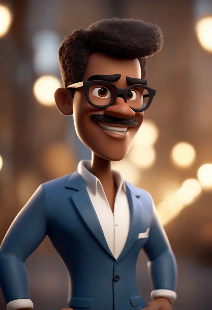 Cartoon character of a brown-skinned man with black glasses in a blue suit and white shirt , careca, Com barba cumprida, animation character, Caractere estilizado, animation style rendering, 3D estilizado, Arnold Maya render, 3 d render stylized, toon rend...