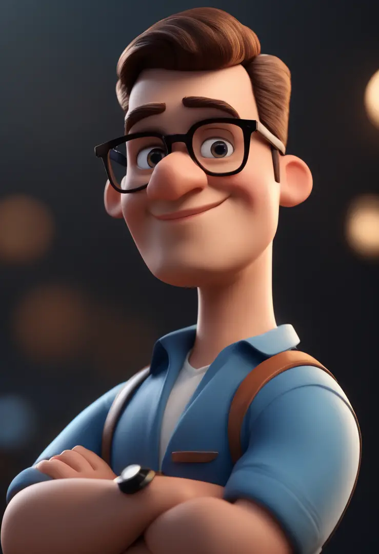 Cartoon character of a man with black glasses and a blue shirt, animation character, Caractere estilizado, animation style rendering, 3D estilizado, Arnold Maya render, 3 d render stylized, toon render keyshot, Personagem 3D, Personagem 3D, 3d rendering st...