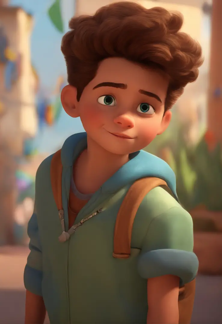 Image of a boy for a story in a YouTube video in Pixar format, he's little Otto, He's the class leader, He's outgoing, frisky, cabelos castanho claros e cacheado e levanta-se para um monte de coisas