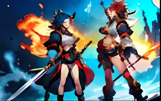 best quality, masterpiece, realistic, photorealistic, 2girls,, looking at viewer, full body, standing, red hair, blue hair, Mikanko, cosplay, hair ornament, detailed background, fire, water, sword, crop top, baggy sleeves