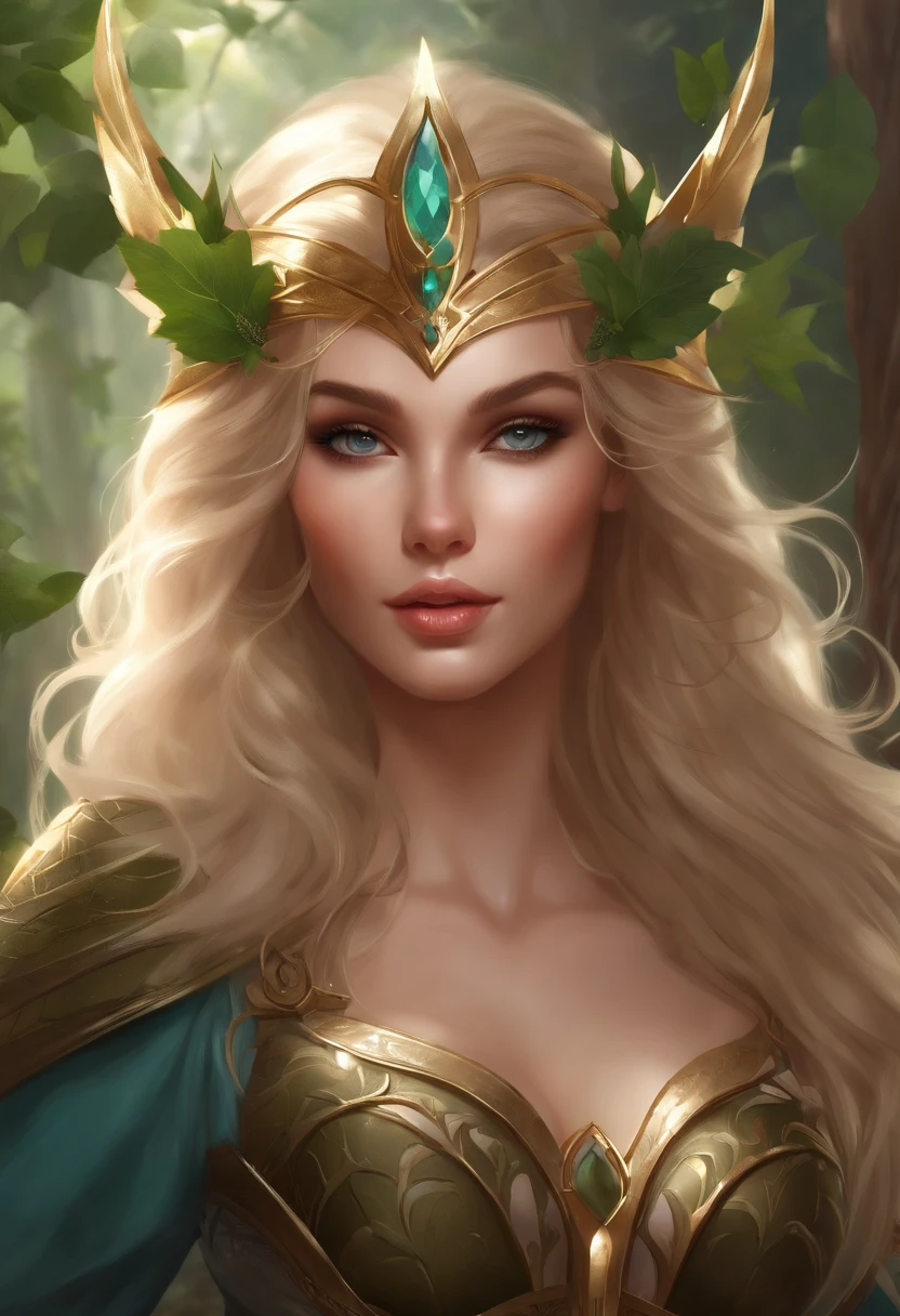 A full-length photo gorgeous female high elf with medium size breasts