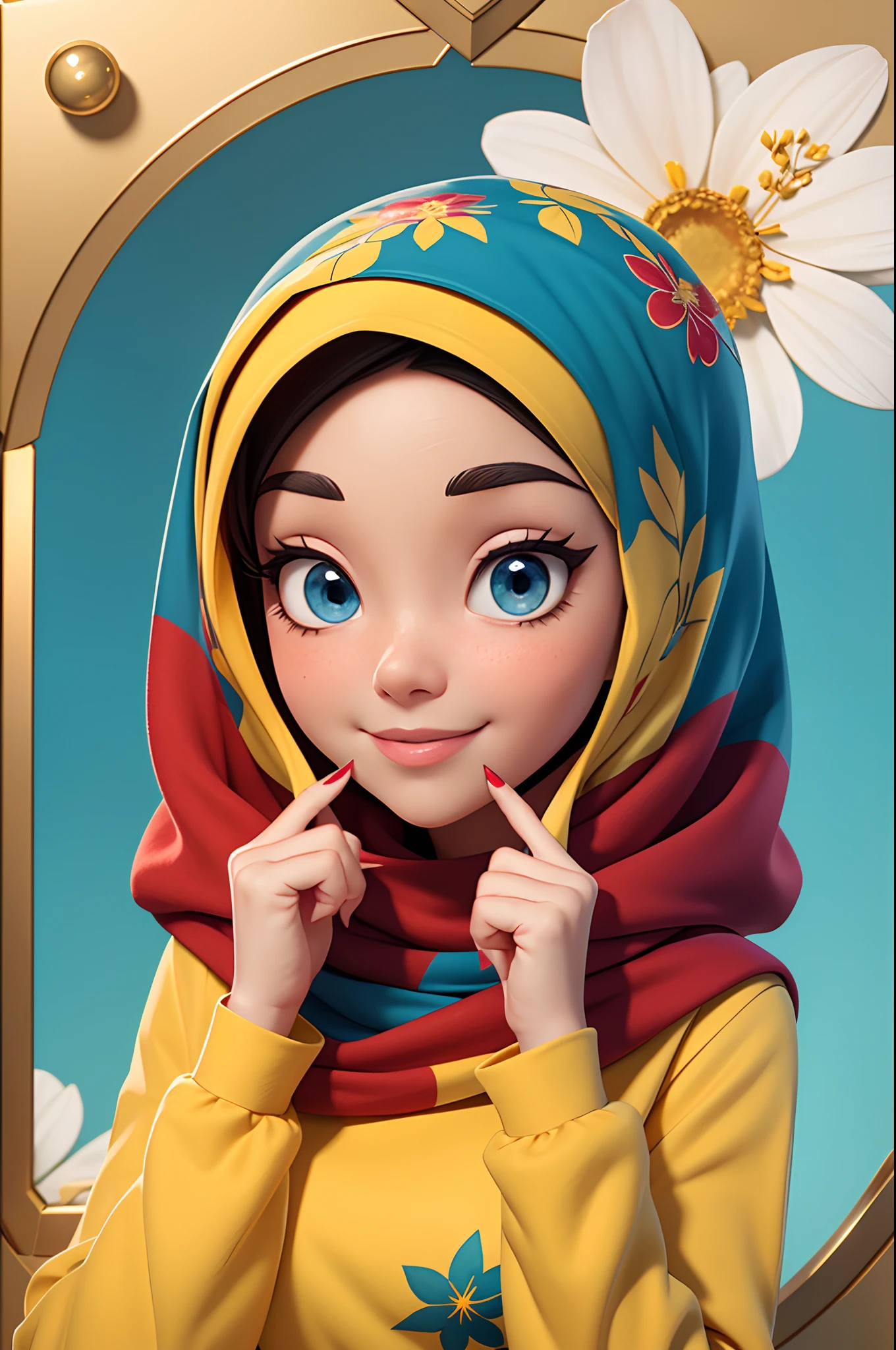 Disney Pixar Movie poster that Text: 'Macca' , a young woman with dark eyes, smiling at the camera.
She is wearing a red hijab that covers her hair and wraps around her neck and shoulders. The hijab has a gold border and a gold pattern of flowers and leaves.
She is also wearing a white blouse with long sleeves and a round collar. The blouse has a colorful floral print with red, yellow, green, and blue flowers and leaves.
She is holding her right hand up to her face, touching her cheek with her index finger. Her nails are painted red. 3d animation