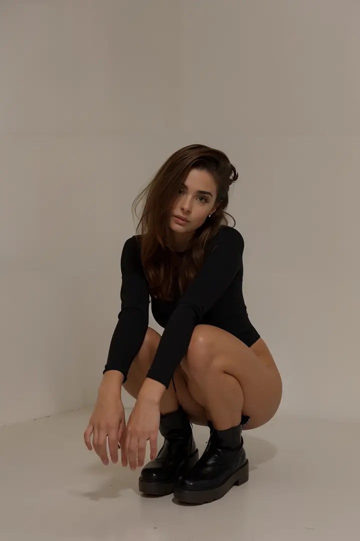 arafed woman in black shirt kneeling on white floor with black boots, portrait sophie mudd, solo photoshoot, skintight black bodysuit, wearing a black bodysuit, photo from a promo shoot, olivia culpo, promotional photoshoot, pretty face with arms and legs,...