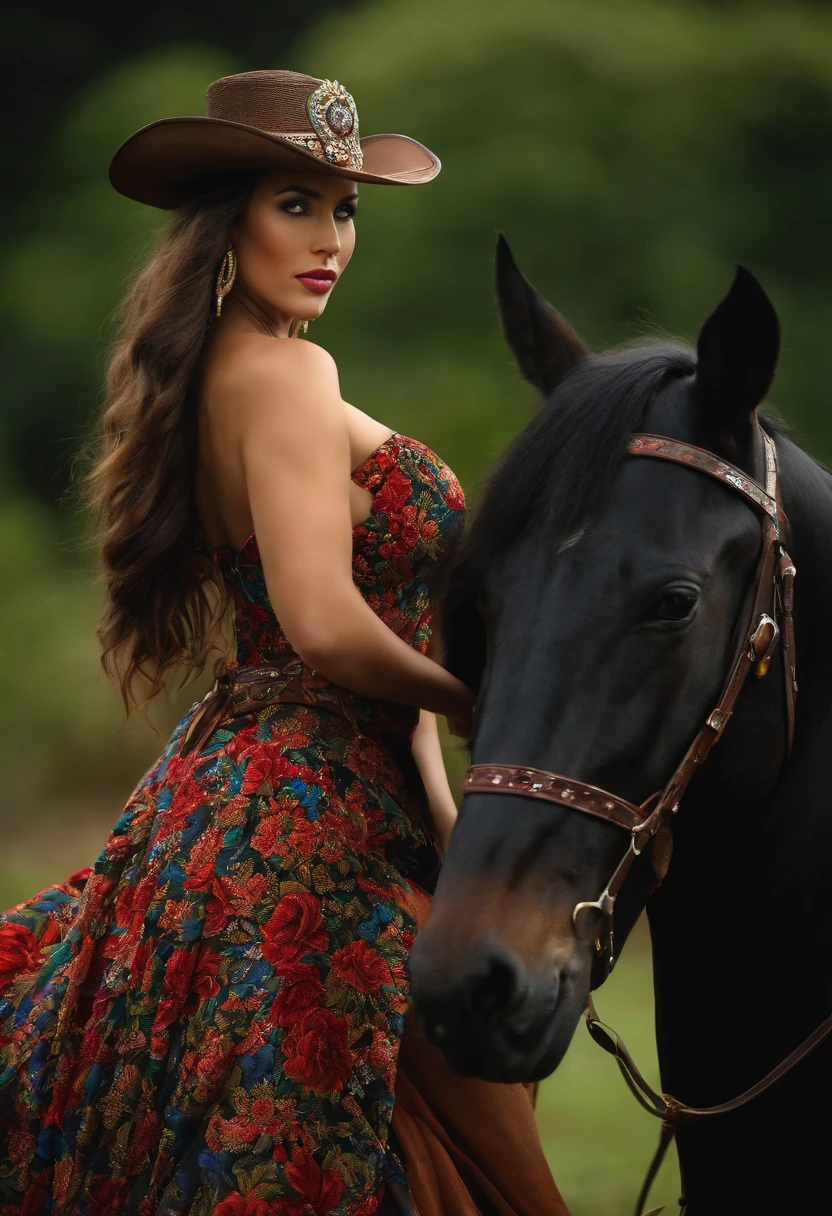 Araffe woman in a floral dress and cowboy hat riding a horse - SeaArt AI