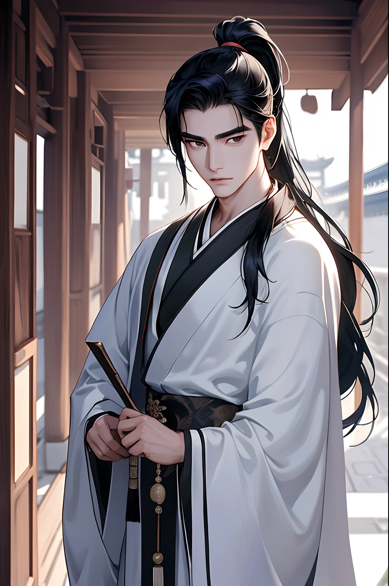 An ancient Chinese boy，Handsome，The upper part of the body，cabelos preto e longos，High ponytail，Wear a Hanfu robe，In the quaint courtyard，The best light，The best shadow，Look at the audience head-on，Detailed face，Adonis，