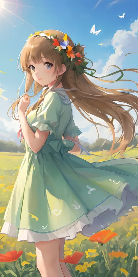 High Detail, Ultra Detail, Ultra High Resolution A cute and innocent girl is enjoying her time in an open field, surrounded by the beauty of nature, with the warm sun shining on her and wild flowers swaying gently in the breeze. Butterflies and birds flutt...