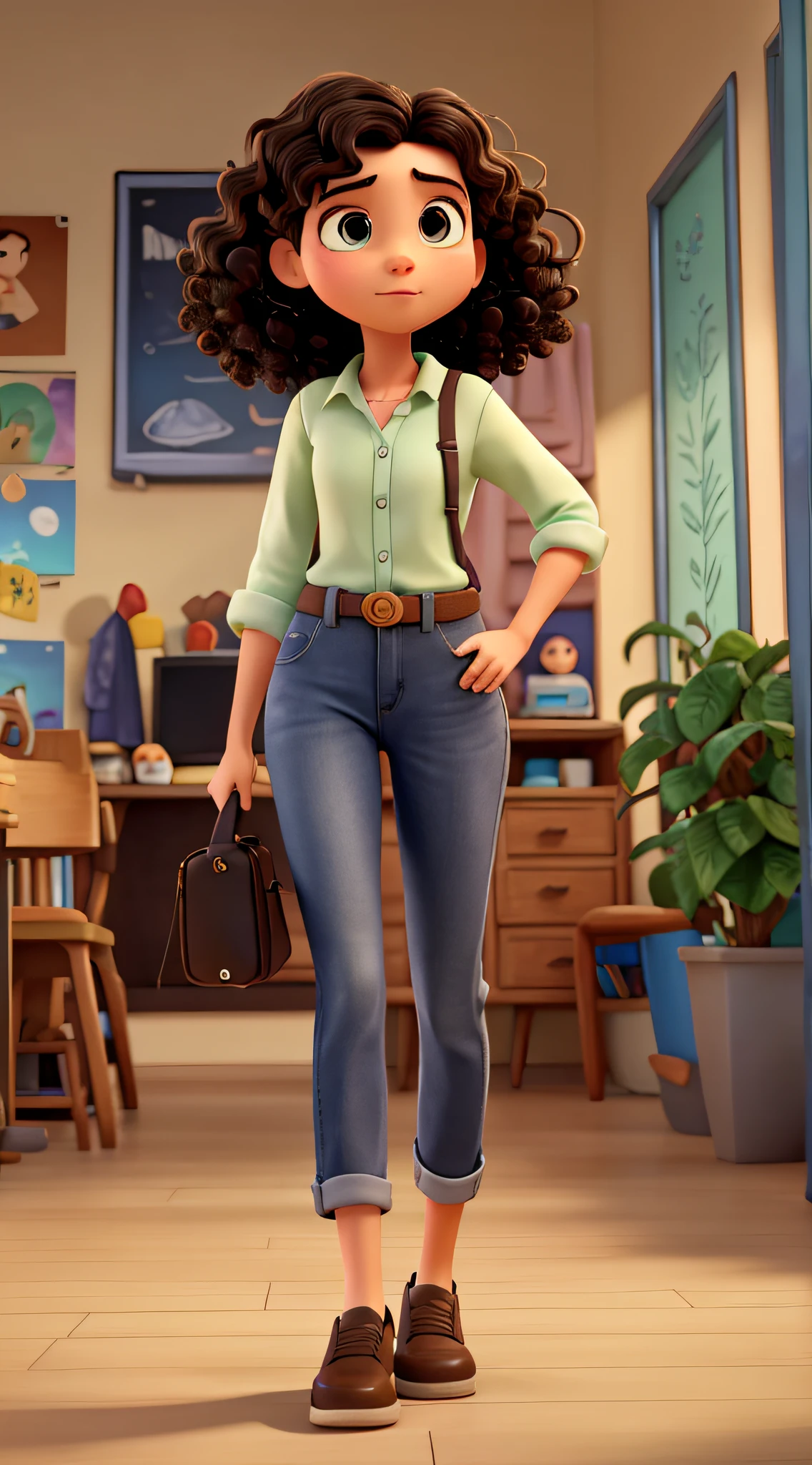 A cartoon girl in jeans and a green shirt stands in a room - SeaArt AI