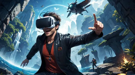 In the animated scene, a lively and enthusiastic man is wearing virtual reality glasses. His face displays an expression of excitement as he interacts with the virtual environment. The scenery around him is full of icons and elements representing various g...