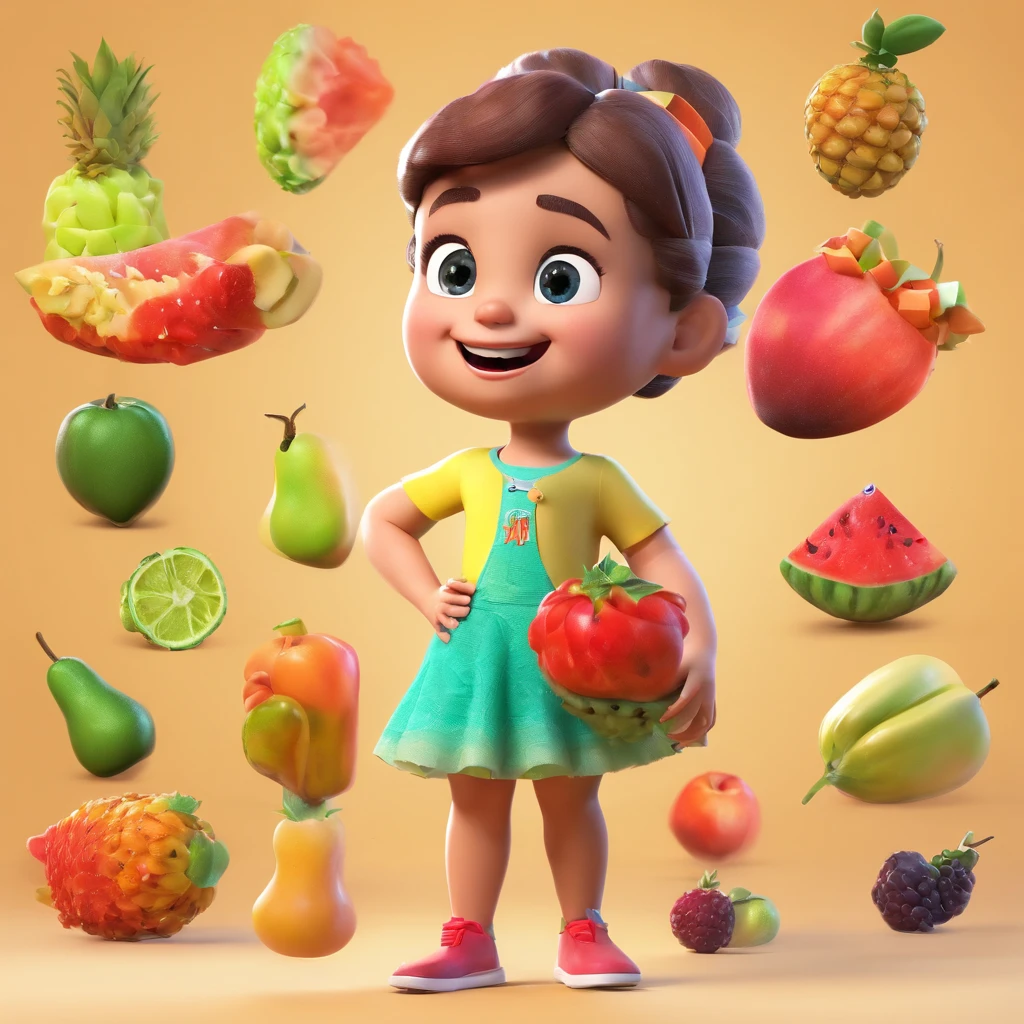 A close up of a cartoon girl with fruits and vegetables - SeaArt AI