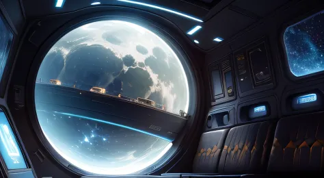 estou no interior de uma uma nave espacial, olhando pela janela vejo um planeta hostil lindo e desconhecido, epic scene