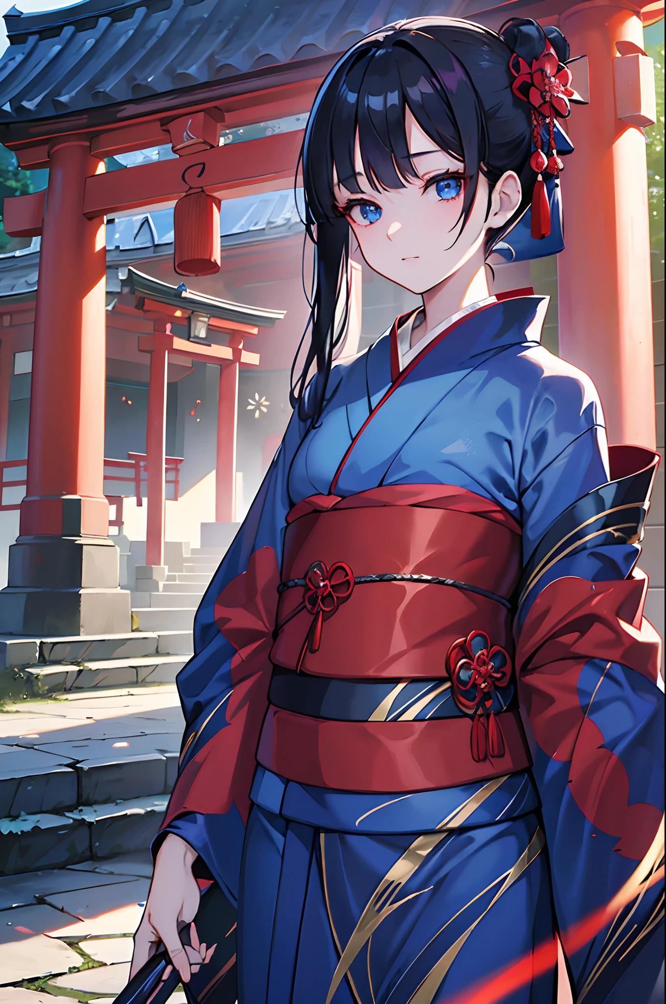 A dark-haired　blue eyess　New Year　red kimono　shrines　​masterpiece　Top image quality　Clear Parts Cinematic Shadows　Increased attractiveness of the eyes　Clear the shine of the eyes　Draw eyelashes neatly　Perfect Eye　A detailed eye　Sharpen image quality　Sharpen eye writing　Clear eye shape