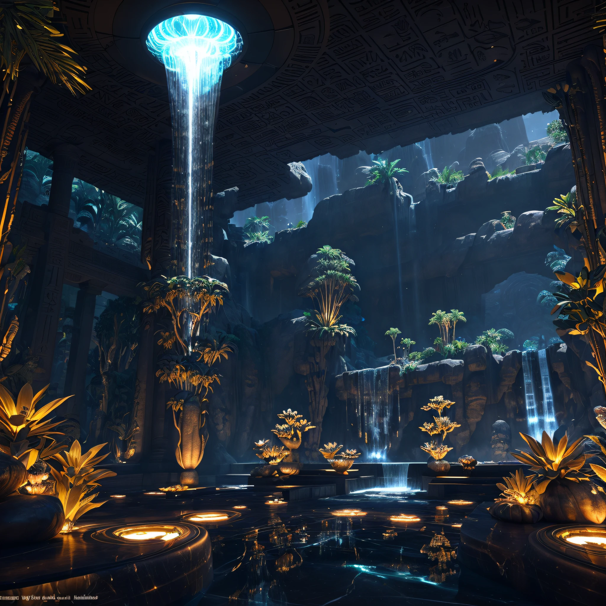 incredible black luxurious futuristic interior in Ancient Egyptian style with many ((lush plants)) (lotus flowers), ((palm trees)), rocky walls, (sand), ((waterfalls)) (marble), ((precious minerals)), ((metals)), (gemstones), crystals, clouds and (water), crocodiles, (hieroglyphics), (((ultra luxury))), (black marble) – with ((beautiful lights)), Cherry blossoms, Unreal Engine, HQ, 16k