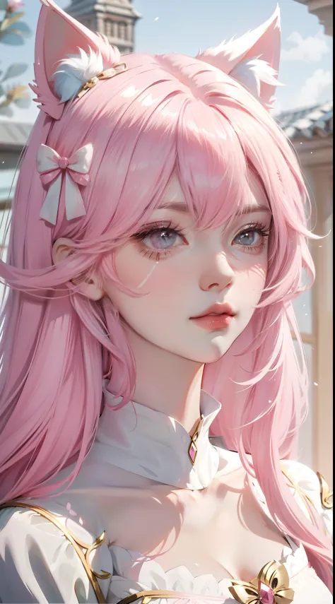 Anime girl pink hair white bow, , Beautiful character painting, , Stunning anime face portrait handsome royal sister cat ears
