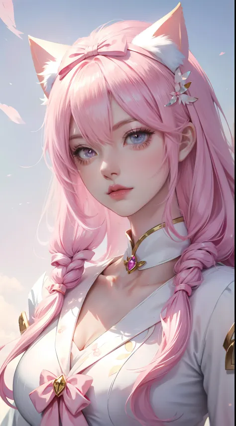 Anime girl pink hair white bow, , Beautiful character painting, , Stunning anime face portrait handsome royal sister cat ears