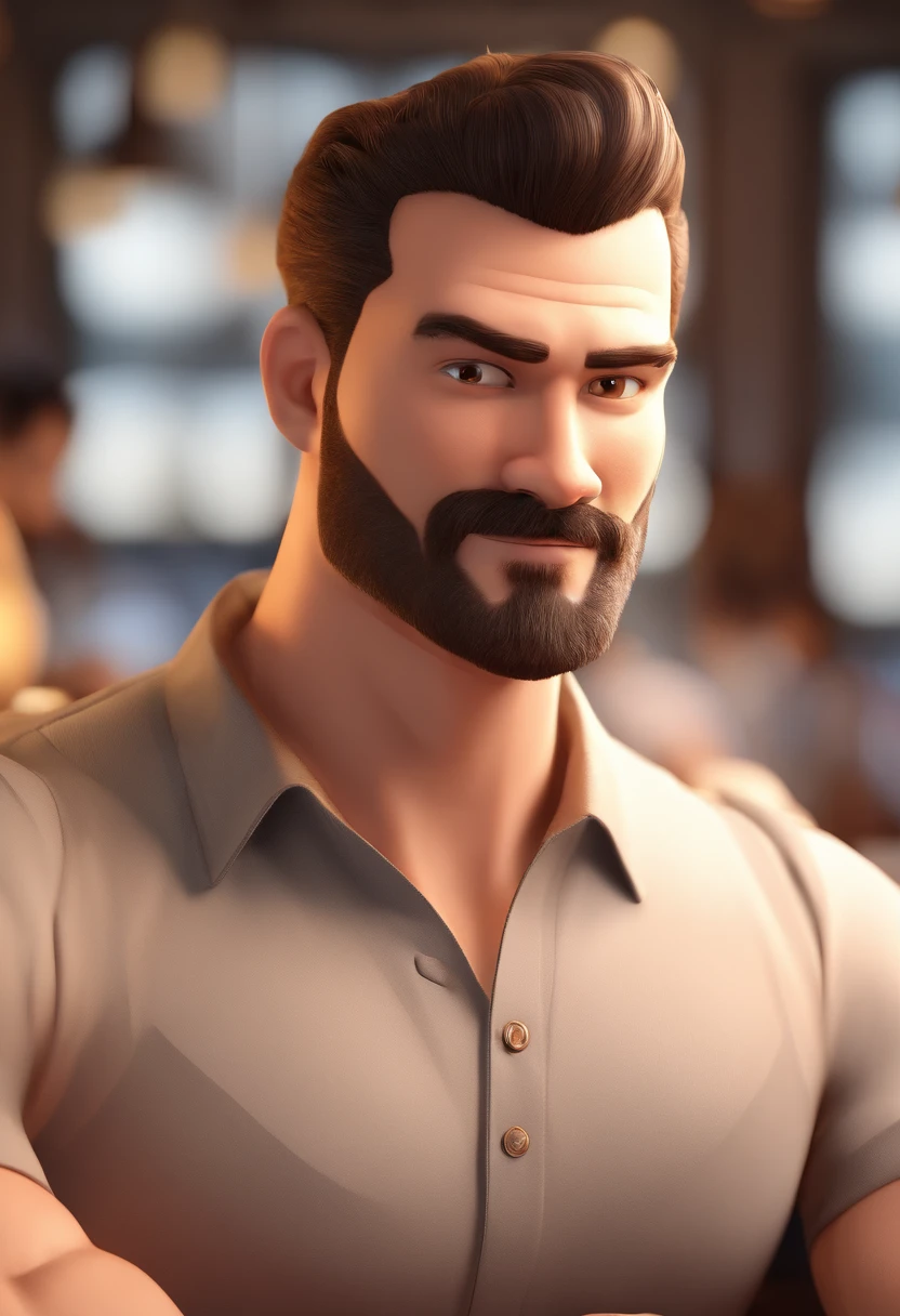 Estilo Pixar: Brown Eyes Muscular athletic man with dress cut hair 32 years old with short dark brown beard on chin worked in a Japanese sushima restaurant