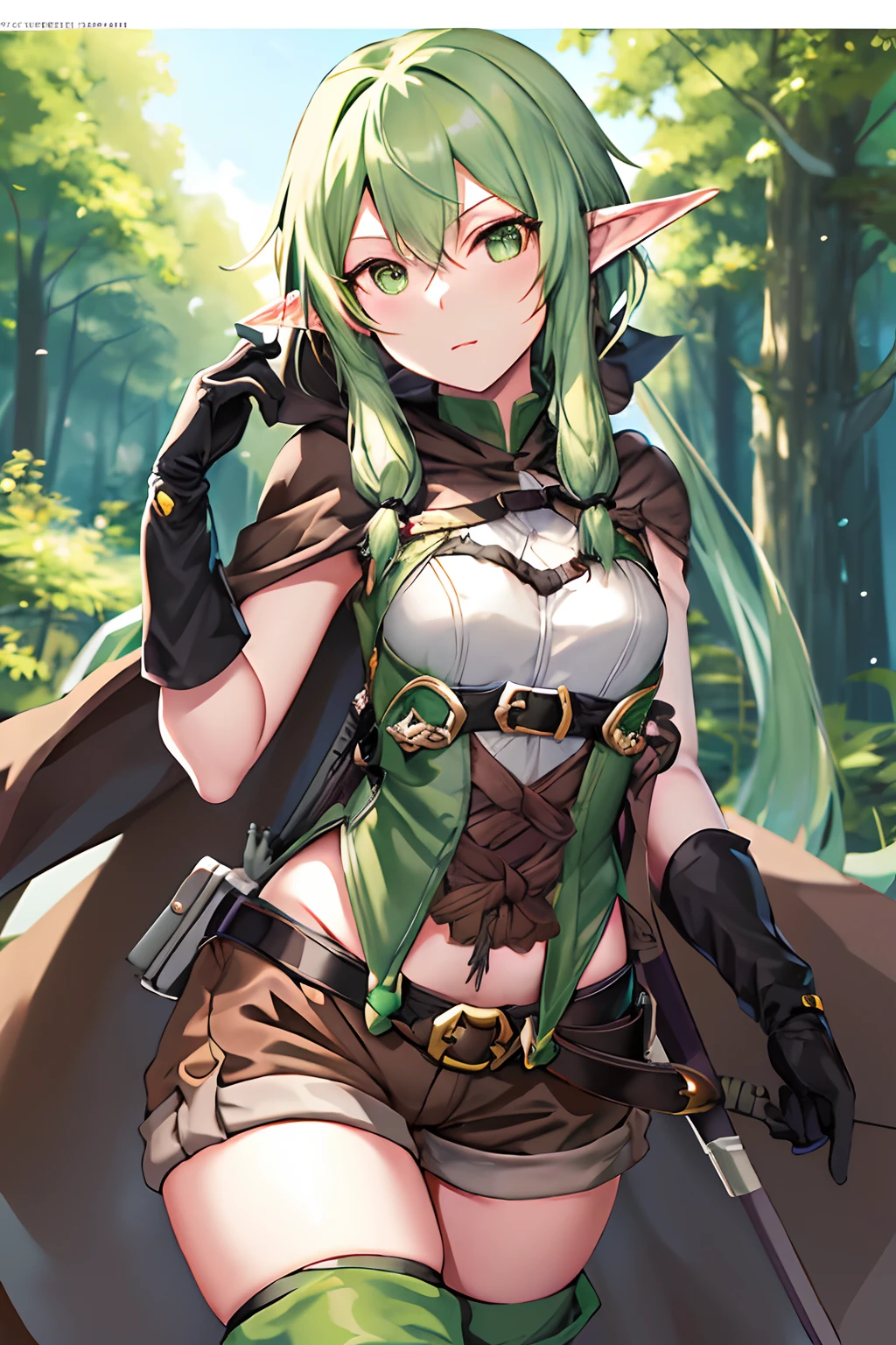 A woman in a green and brown outfit holding a sword - SeaArt AI