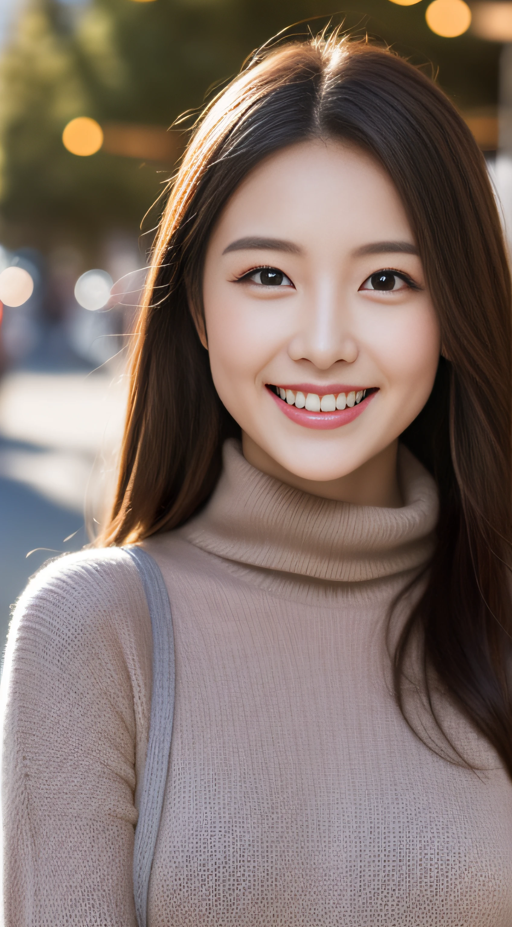 The face is a hostess、She wears a turtleneck wool sweater、hiquality、A hyper-realistic、healthy、Smiling expression、Slender perfect figure、Japan beauties、beautidful eyes、face perfect、Beautiful skin、The upper part of the body、Christmas tree、street