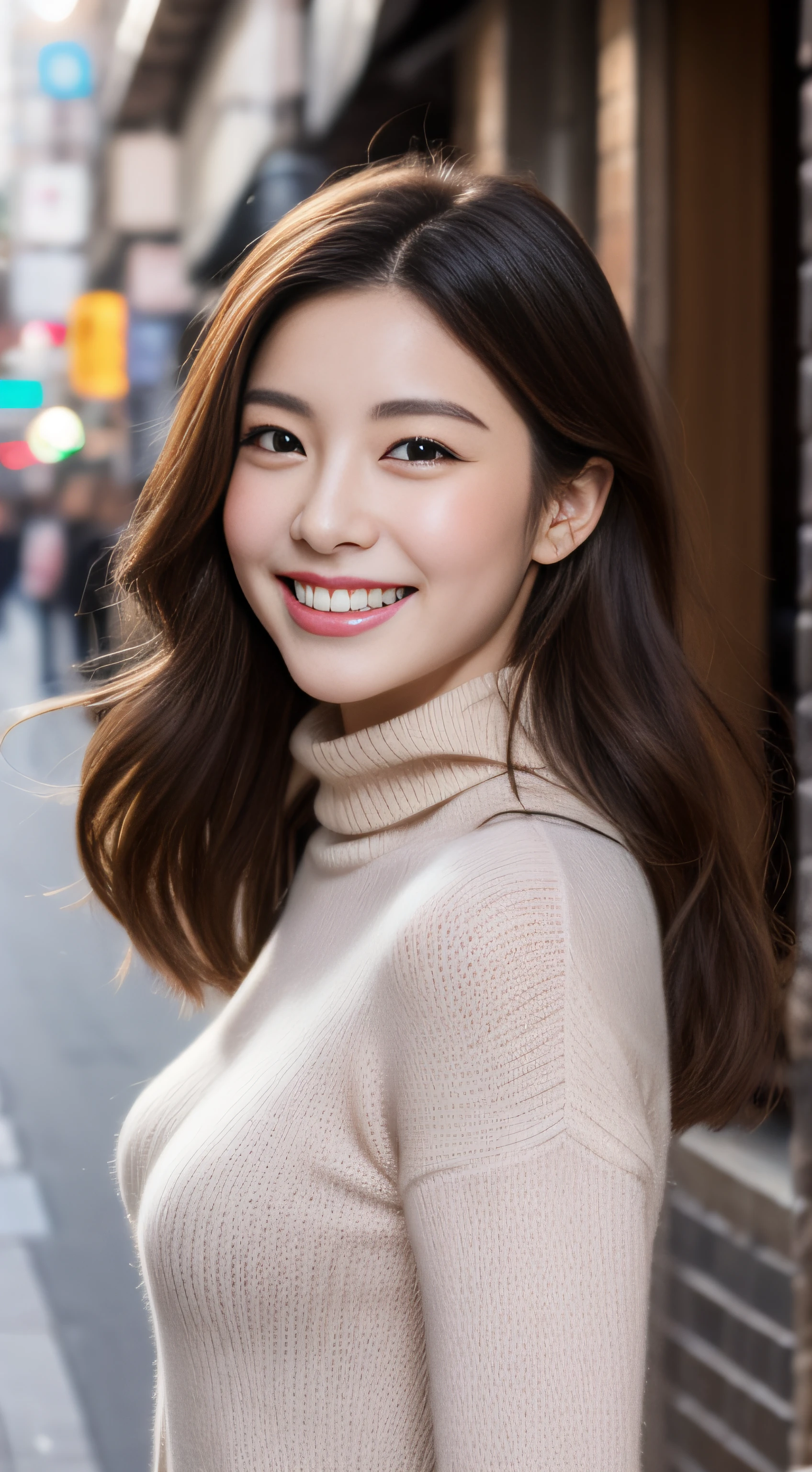 The face is a hostess、She wears a turtleneck wool sweater、hiquality、A hyper-realistic、healthy、Smiling expression、Slender perfect figure、Japan beauties、beautidful eyes、face perfect、Beautiful skin、The upper part of the body、Christmas tree、street