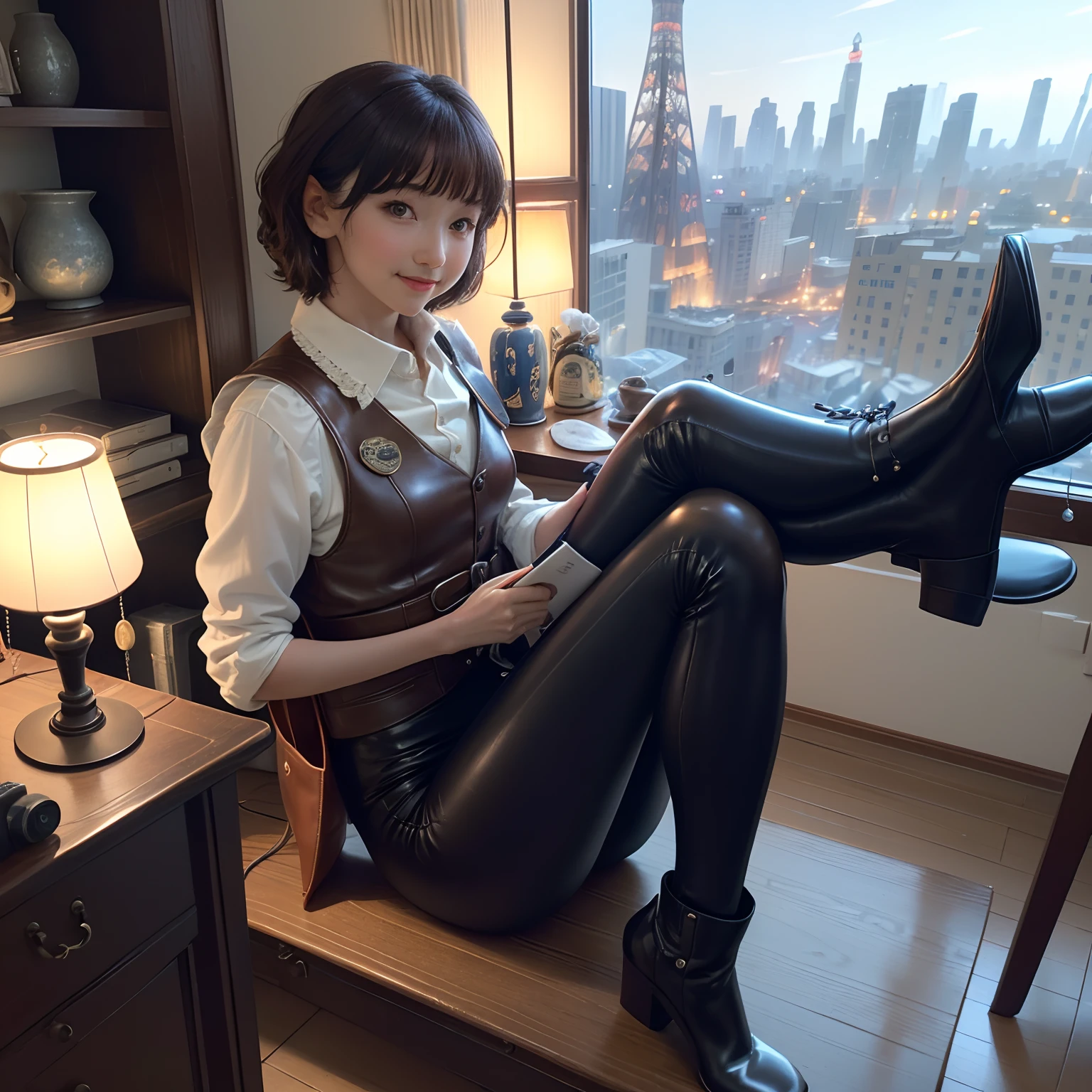 (masterpiece, highest quality, highest resolution, distinct_image, very elaborate CG, cinematic lighting, ray tracing, drop shadows, detailed detail, (photorealistic: 1.4), high quality textures, fine-grained, realistic face expression): (lone girl, face is Japan, brown short hair, hair tied back, small size breasts, sparkly eyes, eye level shot, facing forward, happy smile, beauty, slim body, holiday, own room, console game, computer, display, keyboard, mouse, long leather pants, white shirt with collar, leather vest, cardian, carrying leather bag on back, long boots, antique radio, coffee, model train, Bookshelves, wooden chairs, pots, fans, paintings, stuffed animals, ties, notebooks, stationery, vases, photo frames, letters, fountain pens, calendars, lamps, cushions, baskets, mirrors in profile, candles, newspapers, sweets, park view outside the window, telephone, fruit, telescope, retro TV)