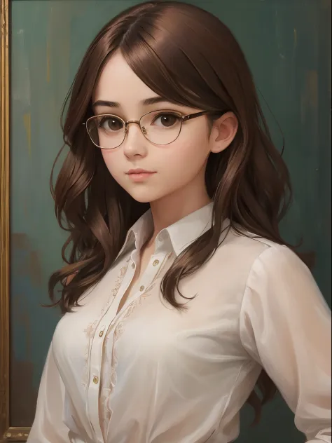 a 1girl, a beautiful teen-aged girl, extremely small breasts, short wavy brown hair, brown eye, eyeglasses, portraite of a, oil ...