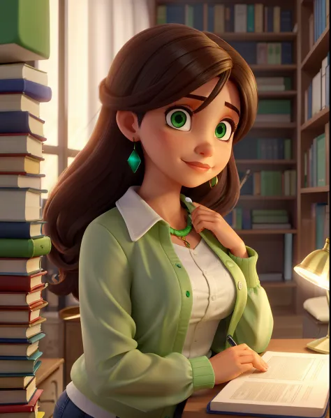Uma mulher morena, linda, com olhos verdes, cabelos castanhos curto,parada na frente, illuminated by the light of a lamp, contra o pano de fundo de uma biblioteca
