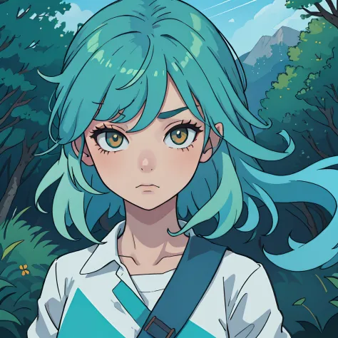 girl with blue and green hair, orange eyes with a scar on her eye, in the middle of the forest against a clear sky background