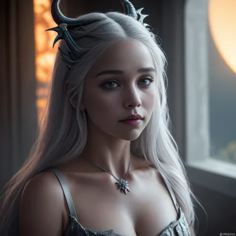 foto hiper real de [Daenerys Targaryen|Emily Clark] Bring pets (Dragoned:1.1), Beautiful, sexy, 1 Girl with the dragon, loiro, C...