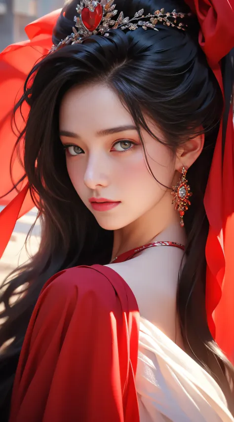 1 female, 18 years old, close up upper-body portrait, Black hair, Flowing hair, Hazy beauty, with extremely beautiful facial features, Red dress, ,  , (spring,terraces, ), Simple vector art, , Soft light, Layered Forms, looking-down