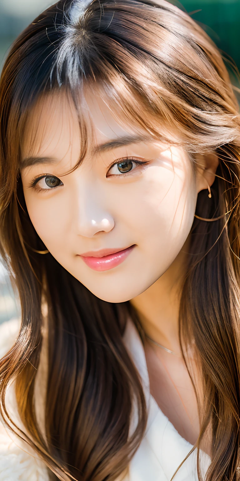 Photo of a 20-year-old Korean girl, ..raw,Korean、Beautiful Korean Woman, (Long wavy blonde hair), ((portrait of a)), ((Detailed face:1.2)), ((Detailed facial features)), (fine detailed skin), pale-skin,Fluffy valley view dress、slutty(cold color), moist, reflector, (masutepiece) (perfectly proportions)(photograph realistic)(Best Quality) (detailed) Shot on Canon EOS R5, 50mm lens, f/2.8, NFFSW (english) (english), (grinning) (wall paper) (Cinematic lighting) (with dramatic lighting) (foco nítido) (Convoluted) Fur coat