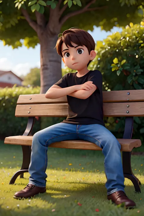 A imagem mostra um menino sentado em um banco de madeira, which is located near a fence. The boy is wearing a black shirt and appears to be looking at the camera. The bench is positioned in the middle of the scene, com a cerca estendendo-se para os lados e...