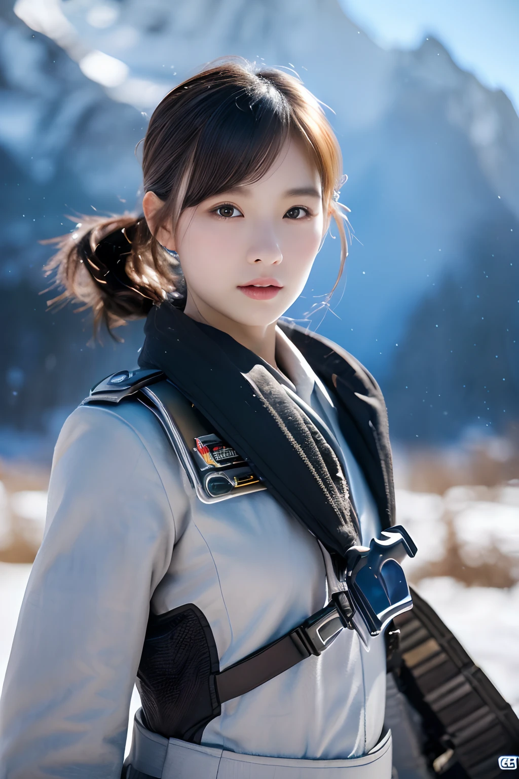 (8K, Raw-Photo, best qualtiy, tmasterpiece:1.2),(realisticlying, photograph realistic:1.4),(Highly detailed CG Unity 8k wallpaper),(Round face: 1.5), (detailed pupil:1.3),Beautiful female soldier in front of snow mountain valley Wrangler Nuvicon ,