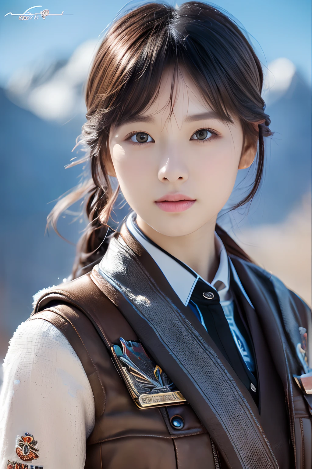 (8K, Raw-Photo, best qualtiy, tmasterpiece:1.2),(realisticlying, photograph realistic:1.4),(Highly detailed CG Unity 8k wallpaper),(Round face: 1.5), (detailed pupil:1.3),Beautiful female soldier in front of snow mountain valley Wrangler Nuvicon ,