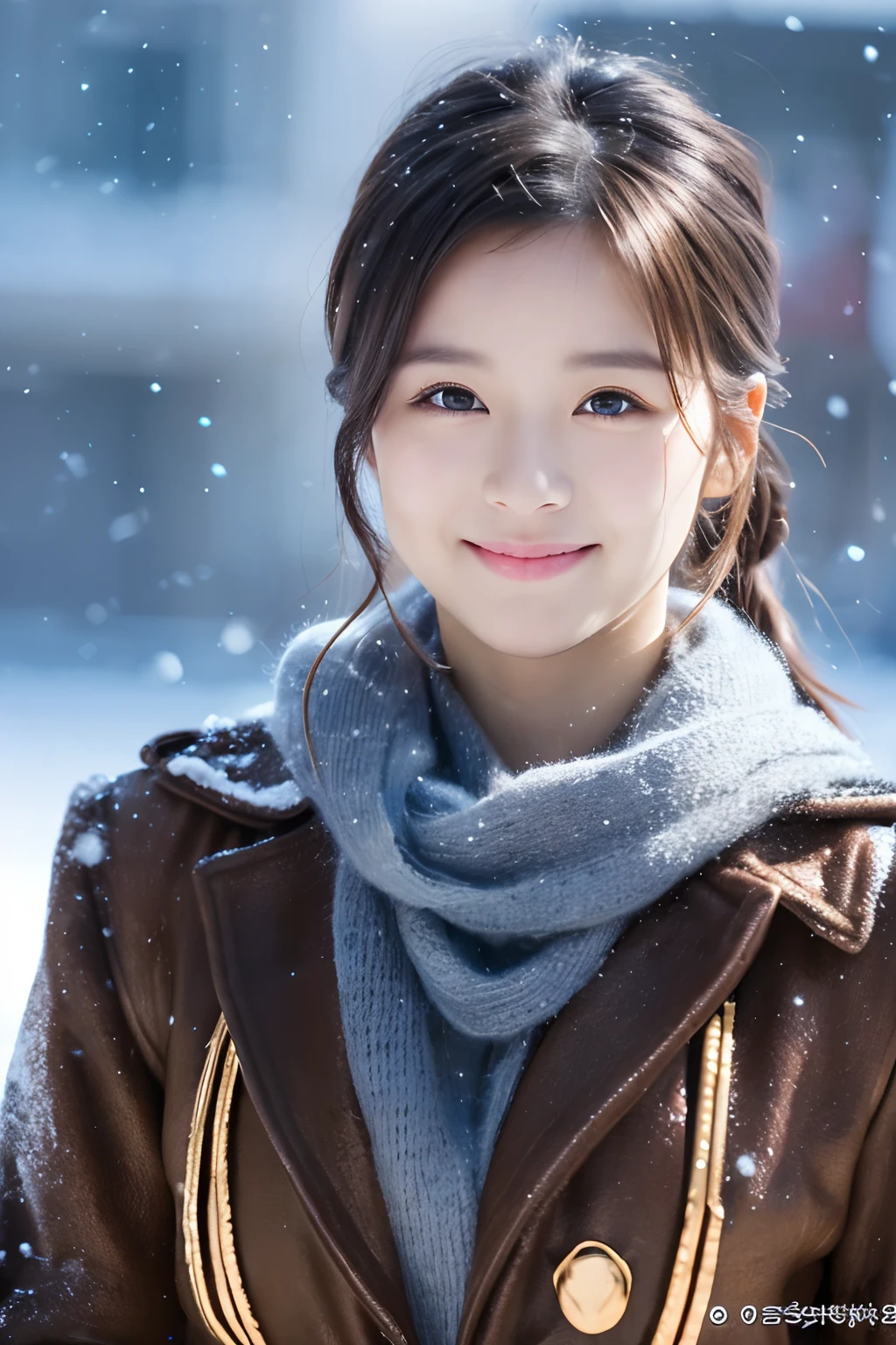 (8K, Raw-Photo, best qualtiy, tmasterpiece:1.2),(realisticlying, photograph realistic:1.4),(Highly detailed CG Unity 8k wallpaper),(Round face: 1.5), (detailed pupil:1.3),((Beautiful female soldier in front of snow mountain valley Wrangler Nuvicon)) ,(Young but very beautiful Korean 35 year old woman,Cool Eyes,little smile,Facing Forward,Looking at the camera,Unforgettable Eyes,The eyes are so beautiful.)