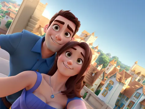 Casal (homem branco e mulher branca) no estilo Disney Pixar, alta qualidade, melhor qualidade.