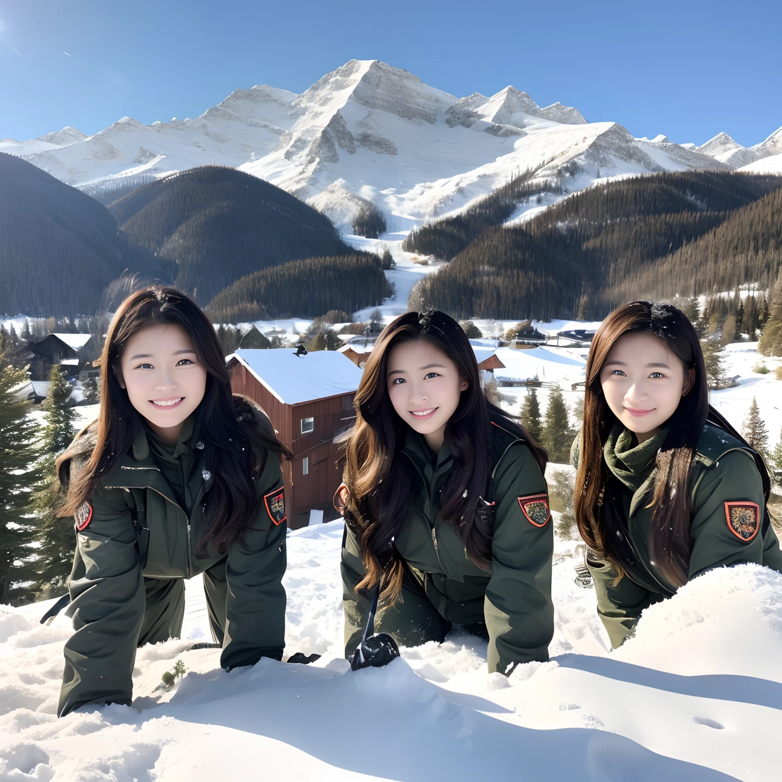 In front of the snow mountain valley Wrangler Nubicon, three beautiful female soldiers are on the lookout.