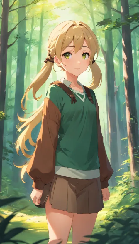 young girl, amber eyes, brown and dark green clothes, long blonde hair with pigtails, big chest, brave, shy, deer, forest, cute
