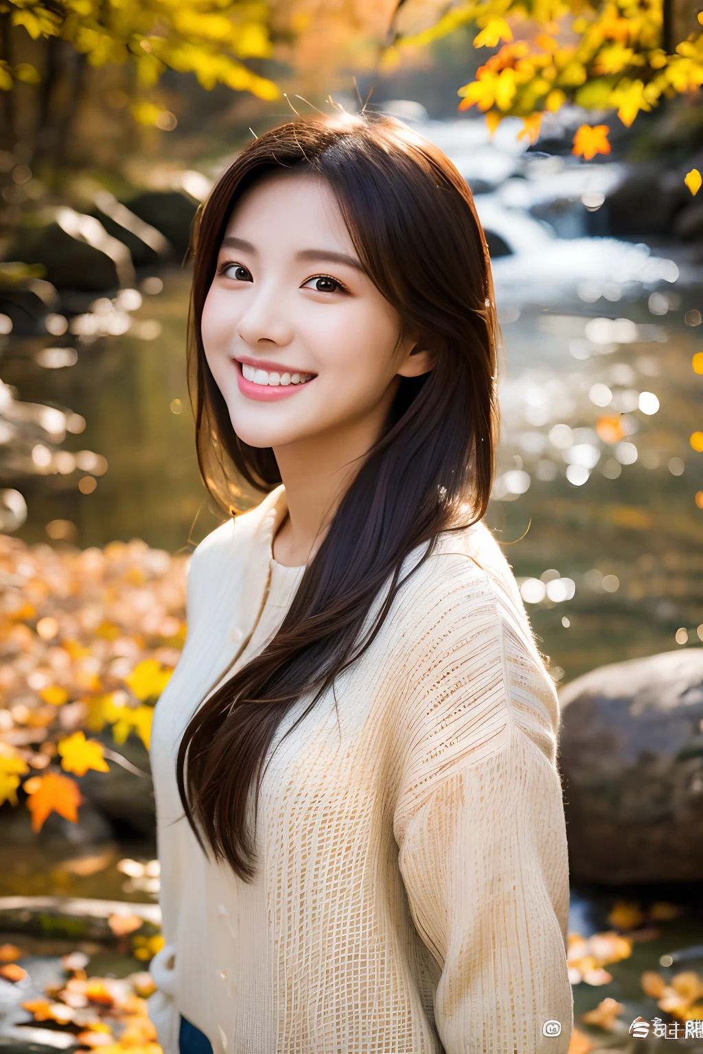 超High Resolution A、ultra-definition、8K、detailed details、Amazing Representation、1 woman、22 years old woman、tall and slender physique,、Neat and clean smile、
Watching the autumn leaves、Late Autumn Valley、Beautiful foliage、Raging mountain stream、A small waterfall,