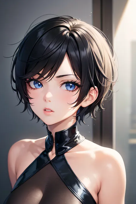 (best quality, high definition), anime girl, close-up shot, beautiful face, extremely detailed face, tomboy, short hair, masculine haircut, black hair, blue eyes, beautiful detailed lips, red tight dress, low neckline, sexy inconscientemente