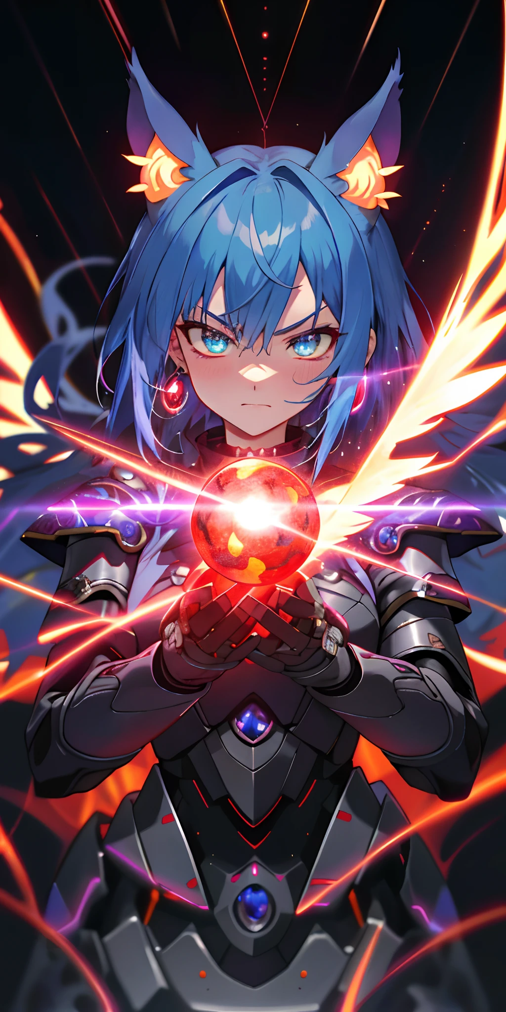 Anime Robot beutiful blue magma skin golem cat girl magic, aesthetic_eyes,  detailed eyes, demon horn, mask - SeaArt AI