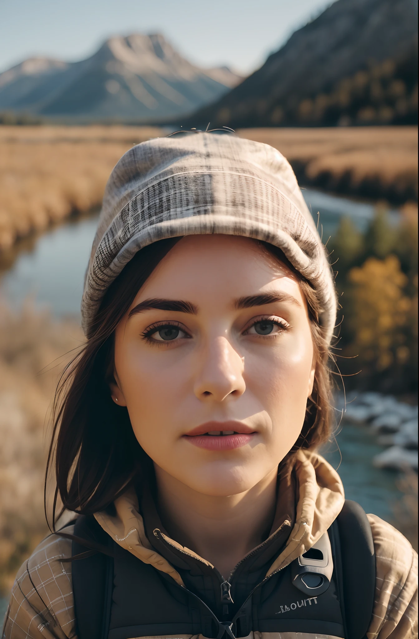 1 mujer ((selfie de la parte superior del cuerpo, content)), obra maestra, mejor calidad, Súper detallado, solamente, afuera, (Noche), montañas, naturaleza, (estrellas, lune) content, exaltado, mochila, Saco de dormir, fogata, bidon , botas de montaña, Guantes, suéter, a, antorcha, bosque, rocas, río, beber, fumar, ombre, contraste, cielo limpio, Style analogique (Espectador enfocado: 1.2) (Textura de la piel) (grano de la película: 1.3), (tonos cálidos , Colores cálidos)