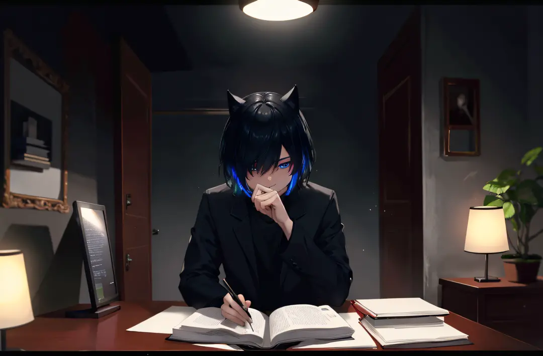 batman estudando, escrevendo, olhando concentrado para o livro, em seu quarto com estante de livros, Table with books and a lamp...