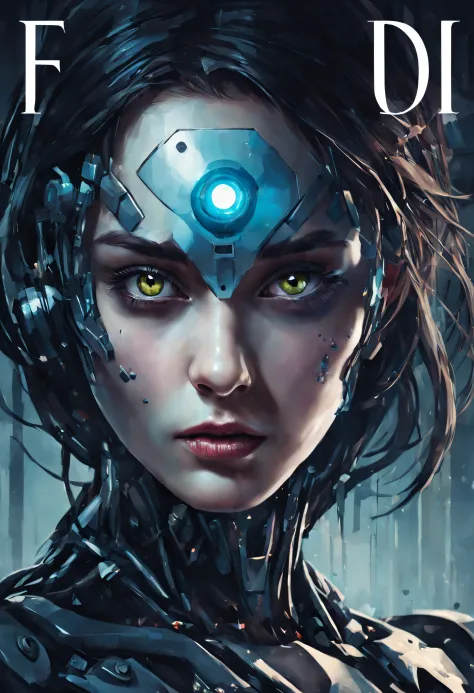 Depict face emerging from the shadows, creates an atmosphere of fear and unease perfect shading, poster art, bold text, magazine cover, poster art, robot girl, hint of vibrant creates an atmosphere of fear and unease, android eyes