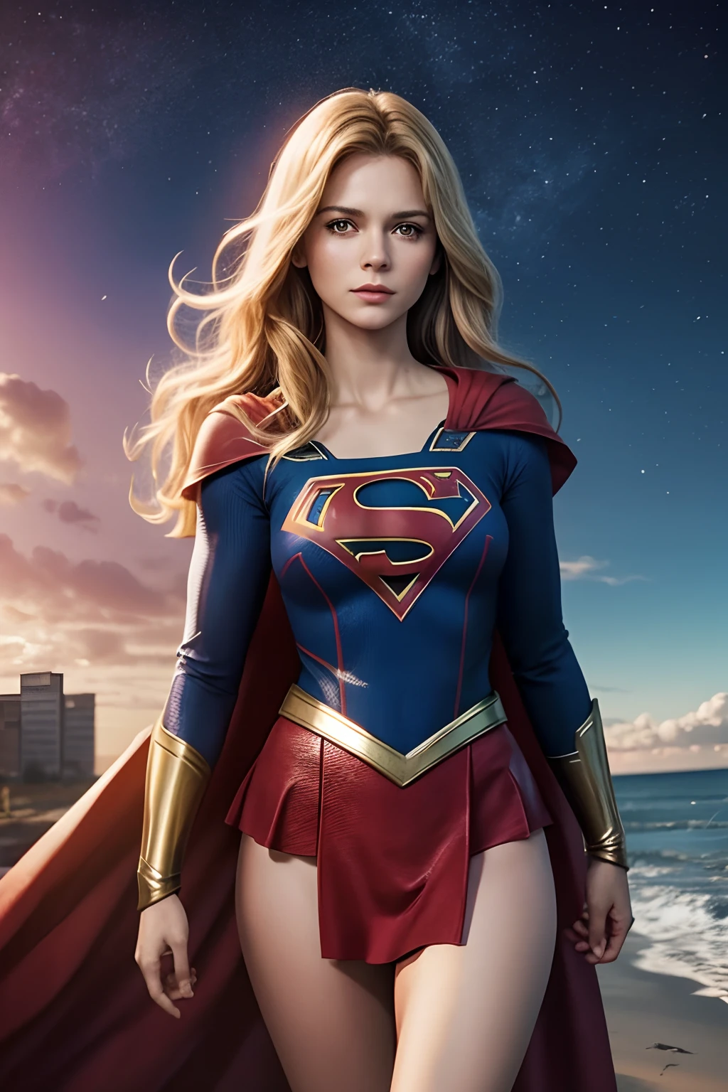 ลองนึกภาพว่าซีรีส์ทางโทรทัศน์ Supergirl จะเป็นอย่างไรในยุค 70,กับนักแสดงสาวผมบลอนด์, สวยงาม, ฉากเต็มตัว.
