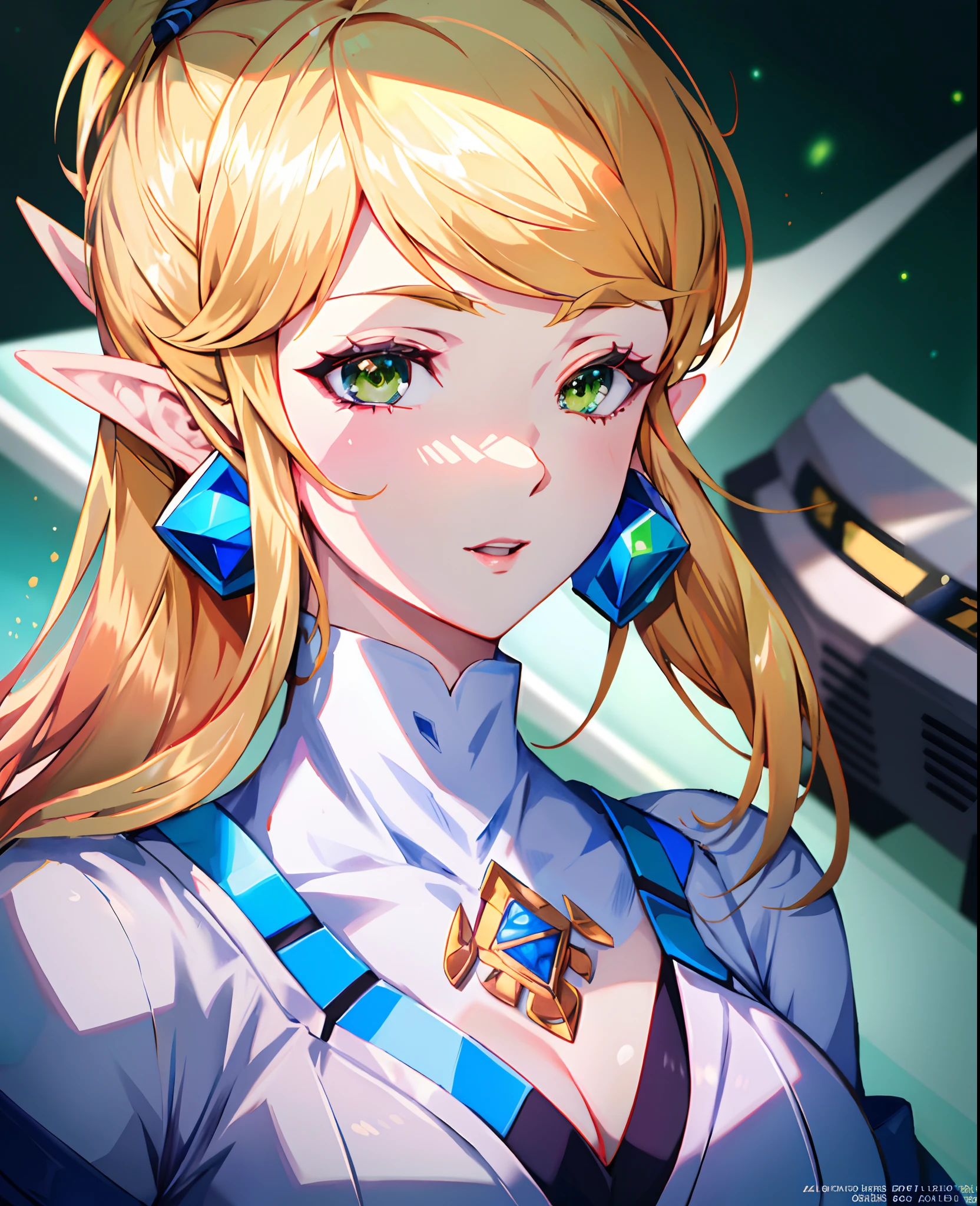 1woman, a close up of a woman in a white outfit, highly detailed exquisite fanart, zero suit samus, high quality fanart, extremely detailed artgerm, video game fanart, detailed fanart, portrait of zelda, artgerm and rossdraws, :: rossdraws, zelda botw, fanart best artstation, rossdraws 1. 0, blonde hair and green eyes, 4k art, 4k, hd art, hd, arabic outfit, mature woman