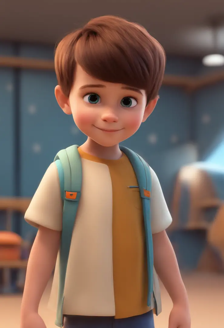 a happy cute kid standing short hair, vestindo uma fantasia espacial, , fundo branco, barnet, toon, estilo pixar, 3d, desenhos animados, rosto detalhado, asymmetrical 16k