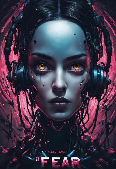 Depict face emerging from the shadows, creates an atmosphere of fear and unease perfect shading, poster art, bold text, magazine cover, poster art, robot girl, hint of vibrant creates an atmosphere of fear and unease, android eyes