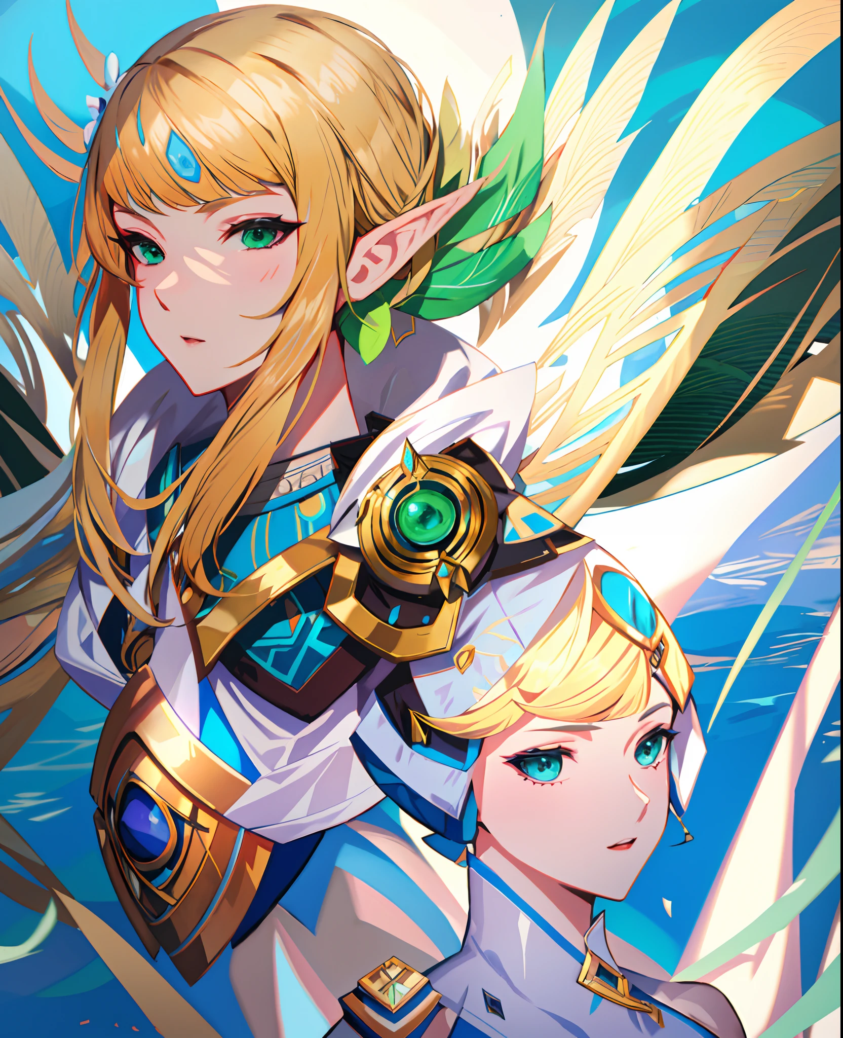 1woman, a close up of a woman in a white outfit, highly detailed exquisite fanart, zero suit samus, high quality fanart, extremely detailed artgerm, video game fanart, detailed fanart, portrait of zelda, artgerm and rossdraws, :: rossdraws, zelda botw, fanart best artstation, rossdraws 1. 0, blonde hair and green eyes, 4k art, 4k, hd art, hd, arabic outfit, mature woman